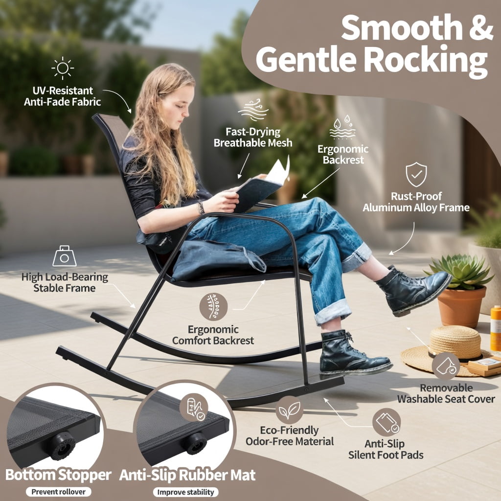 Hommoo 2-Pack Heavy-Duty Metal Rocking Chairs for Patio, Rust-Resistant Steel Frame, Breathable Fabric Seat, Indoor & Outdoor Use, Brown