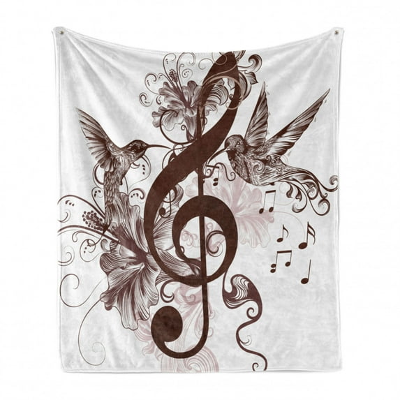 Music Soft Flannel Fleece Throw Blanket, Floral Design Treble Clef and Singing Flying Birds Sparrows Art, Cozy Plush for Indoor and Outdoor Use, 50" x 70", Chestnut Brown White, by Ambesonne