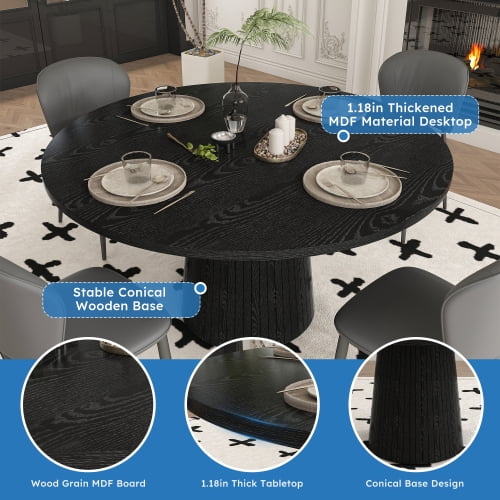 47" Round Dining Table for 4, Modern Farmhouse Black Circle Table with Wood Strip Base for Kitchen & Living Room