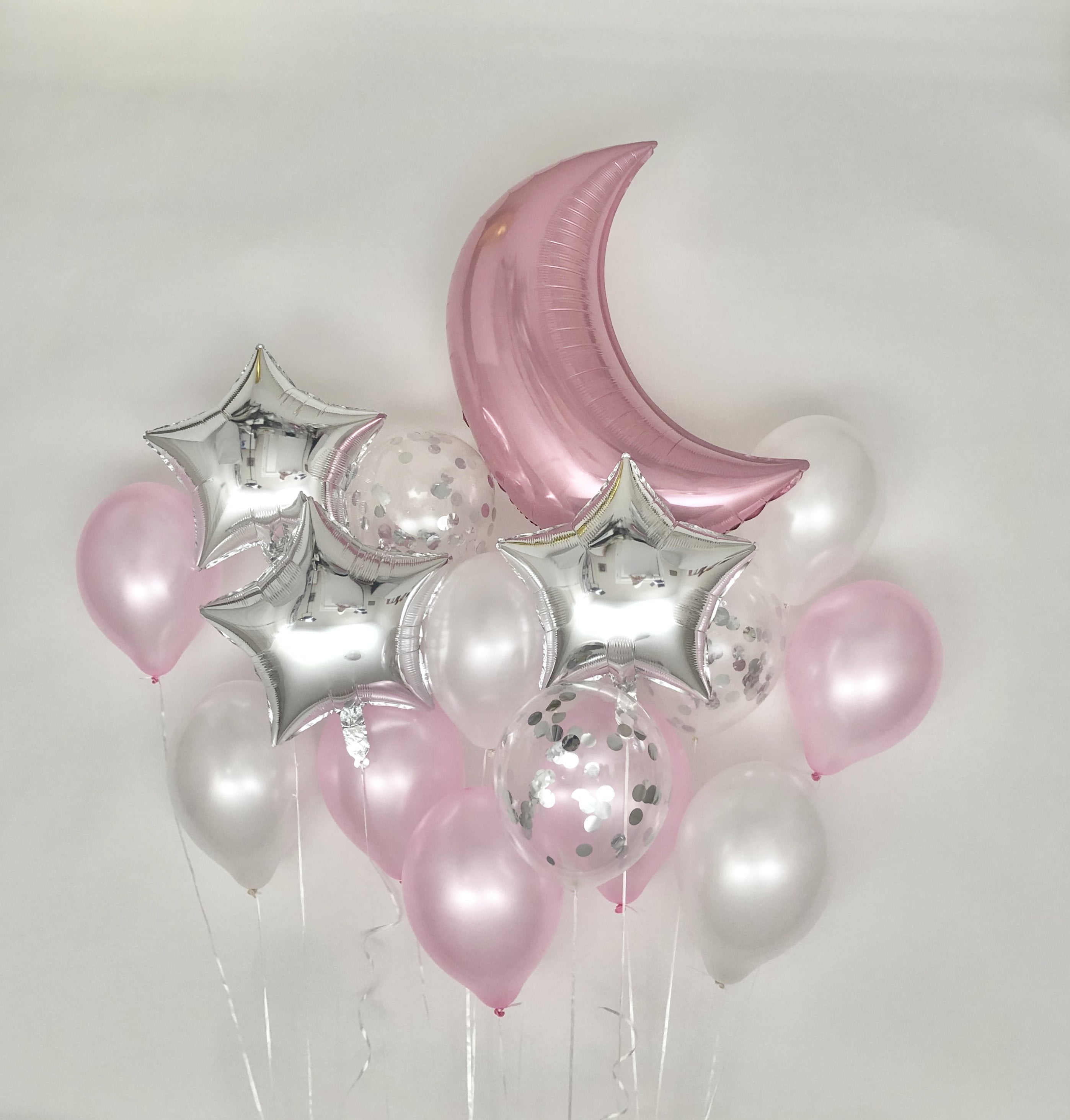 Sweet Moon 16 Piece Moon and Star Balloons Bouquet - Baby Shower, Birthday, Gender Reveal, Eid, Ramadan Party Decoration (Pink)