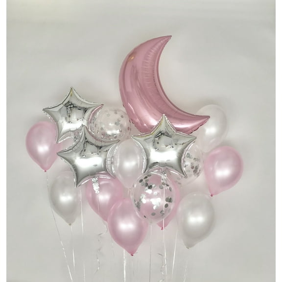 Sweet Moon 16 Piece Moon and Star Balloons Bouquet - Baby Shower, Birthday, Gender Reveal, Eid, Ramadan Party Decoration (Pink)