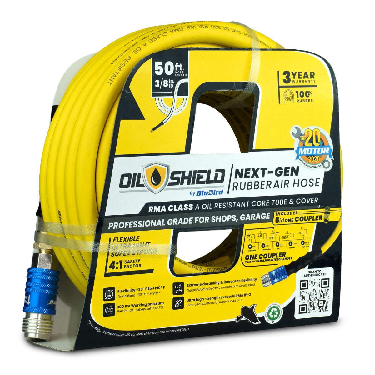 OilShield 3/8" x 50' Rubber Air Hose with BluBird 5-in-1 Safety Coupler – 300 PSI, Class A Oil Resistant, Solid Brass Fittings, -30°F to 180°F Flexibility, Kink & Abrasion Resistant – 3 Yr Warranty