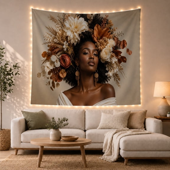 Black Woman with Floral Crown Against Taupe, Serene Digital Art for Flower Lovers, Botanical Portrait Decor, Mother'S Day Gift, Tapestry Wall Hanging for Bedroom and Studio