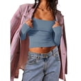 thumbnail image 2 of Gupgi Women Slim Fit Tops Solid Color Square Neck Long Sleeve Crop Top Tight Tee Shirts, 2 of 5