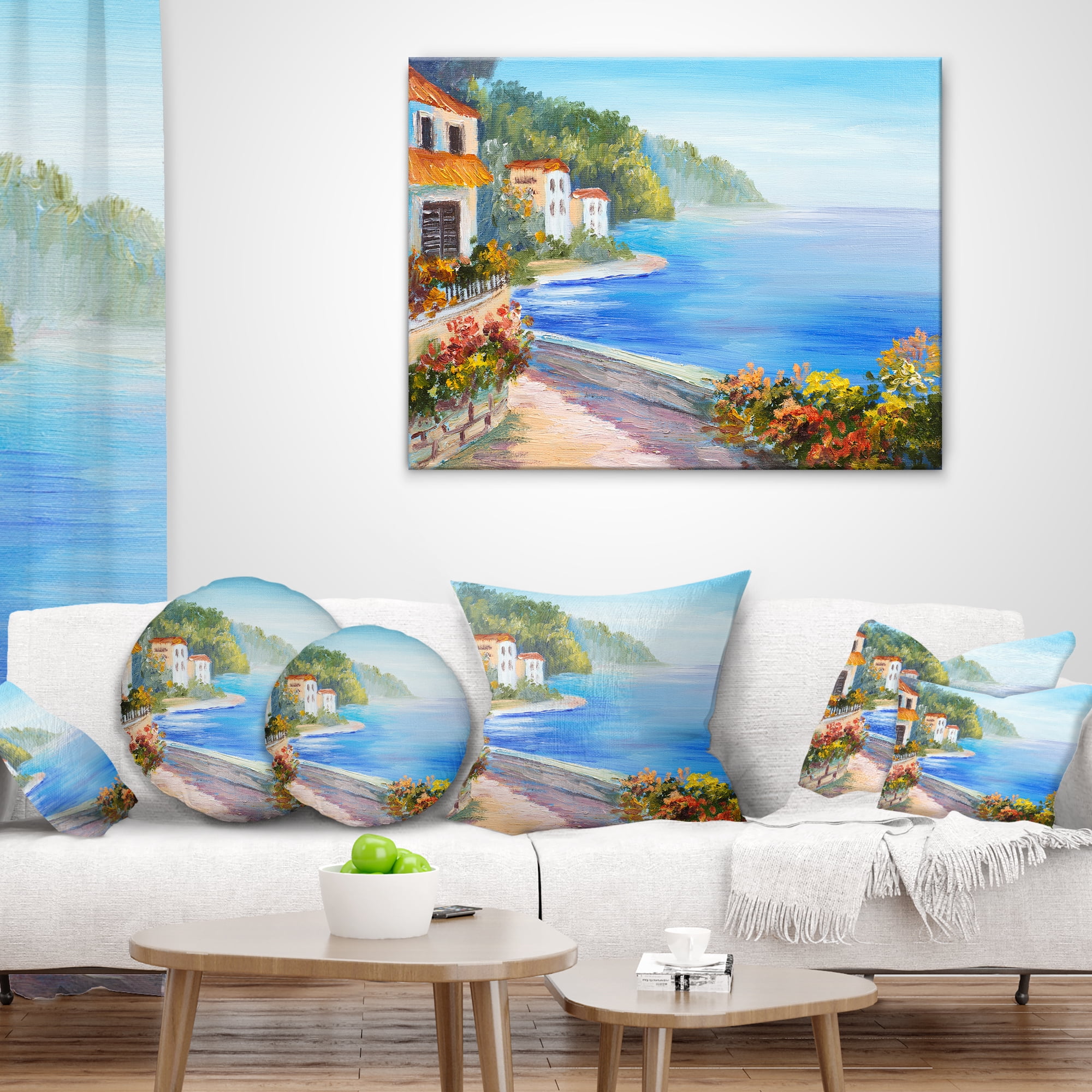 Designart House Near Blue Sea - Landscape Printed Throw Pillow - 12x20
