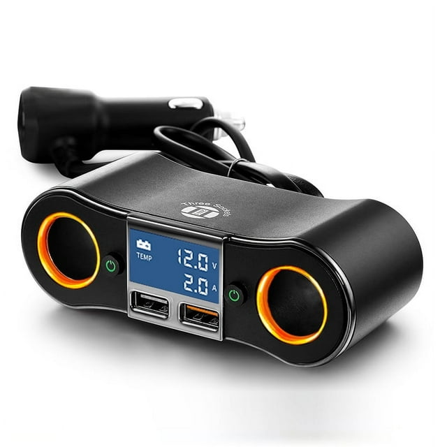 2 Socket Cigarette Lighter Splitter Dual USB Quick Car Charger Adapter with LED Voltage Display and on/off Switch for iPhone Samsung. Features two cigarette lighter sockets with orange LED rings, two USB ports for fast charging, and an LCD screen displaying car voltage and charging current. Includes independent switch control for each socket, a 10A reinforced fuse for safety, and a durable ABS material design. Suitable for charging mobile phones, dash cams, car air pumps, and tablets.