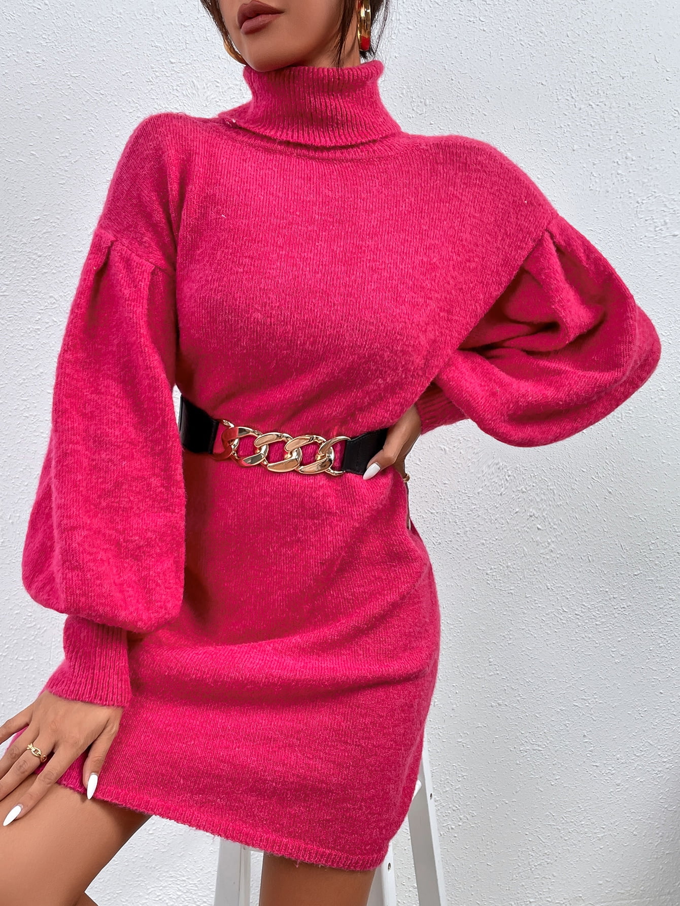 hot pink turtleneck dress