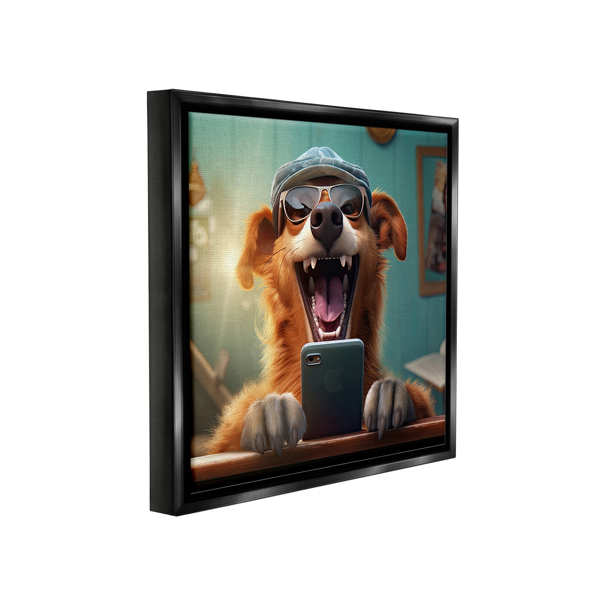 Stupell Industries Happy Dog on Cell Phone Animals & Insects Painting Black Floater Framed Canvas Art Print Wall Art, 18 x 18