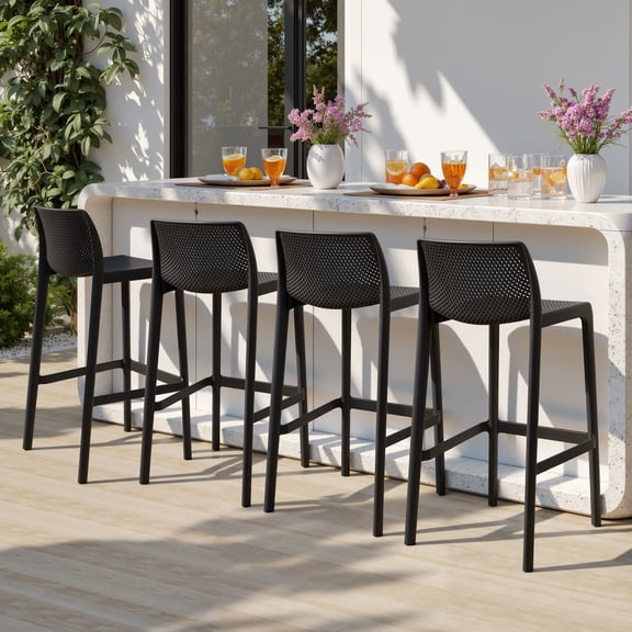 Avaloomia Home Outdoor Bar Stools Set of 4, 29.5" Plastic Bar Stools with Back No Assembly Stackable Counter Barstool for Kitchen Patio Backyard, Black