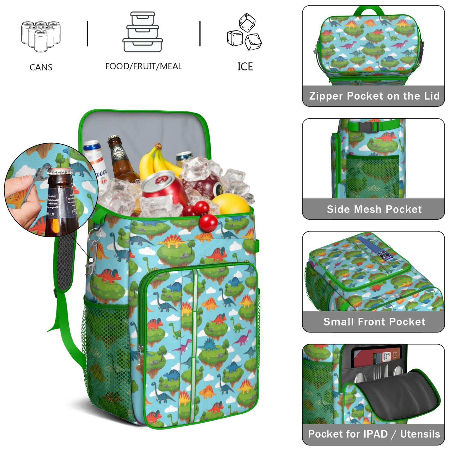 Travel Cooler Bag - Sky Blue Floating Island Dinosaurs Pattern Camping Beer Cooler Backpack with Bottle Opener- Waterproof Insulated Picnic Backpacks - Cooler Bag for Beach