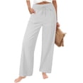 thumbnail image 3 of Linen Cotton Casual Pants For Women Travel Ready Home Lounge Drawstring Waist Elastic Waist Summer With Pockets Straight Leg Neat Appearance Laid Back White A M, 3 of 8