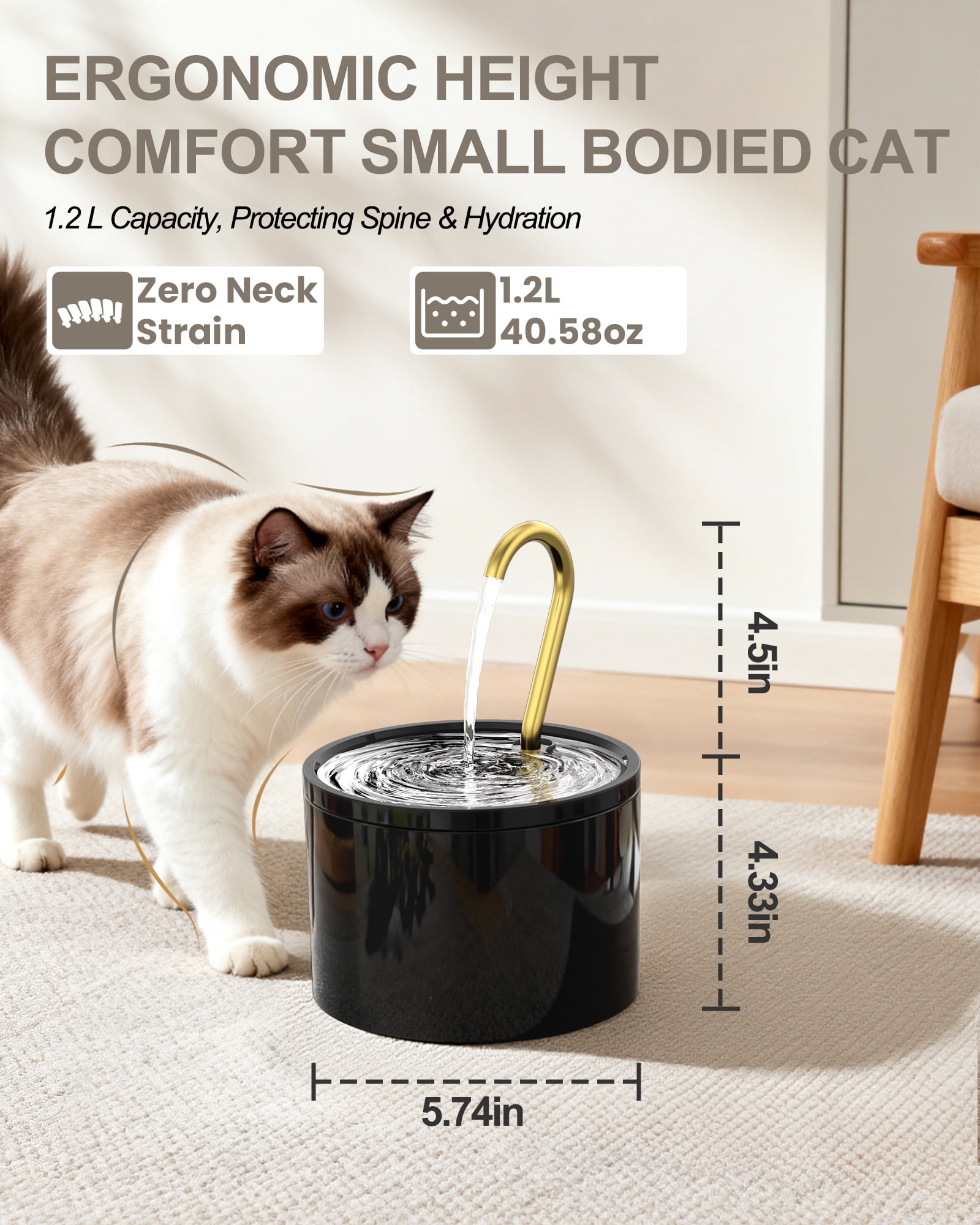 FURCLAN Ceramic Cat Water Fountain - Ultra-Quiet 1.2L/41oz Automatic Pet Fountain with Pure Copper Spout, BPA-Free Non-Toxic Ceramic Bowl for Cats & Puppy ,Black