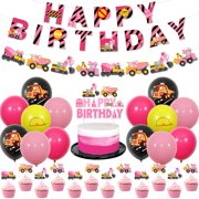 Pink Construction Birthday Party Decorations for Girl, Construction Happy Birthday Banner Cake Topper Balloons, Dump Truck Bulldozer Excavator Party Supplies