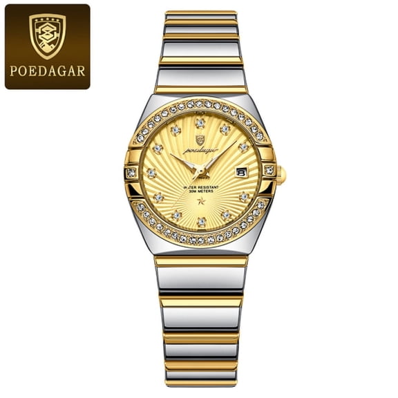 POEDAGAR Women Yellow Shell Pattern Quartz Diamond Stainless Steel Watch Waterproof Date Female Wristwatch