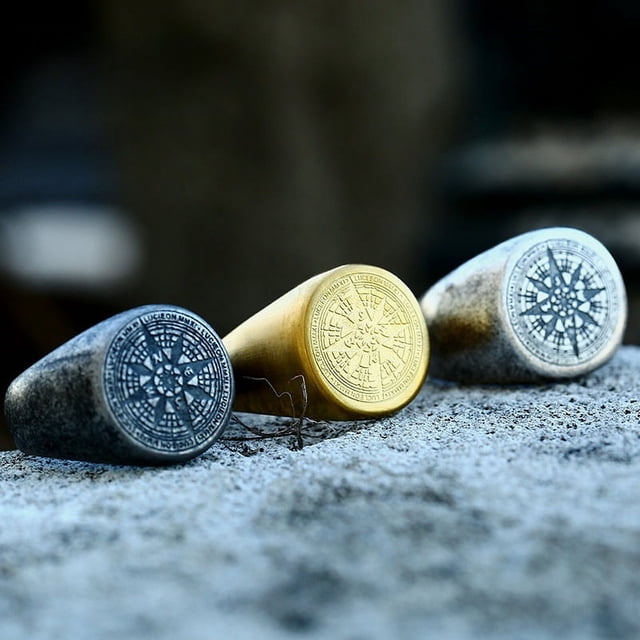 Anillo de acero inoxidable con brújula europea y americana para hombre y mujer, joyería de acero de titanio con brújula