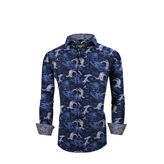 Men PREMIERE Long Sleeve Button Up Dress Shirt Blue White Paisley