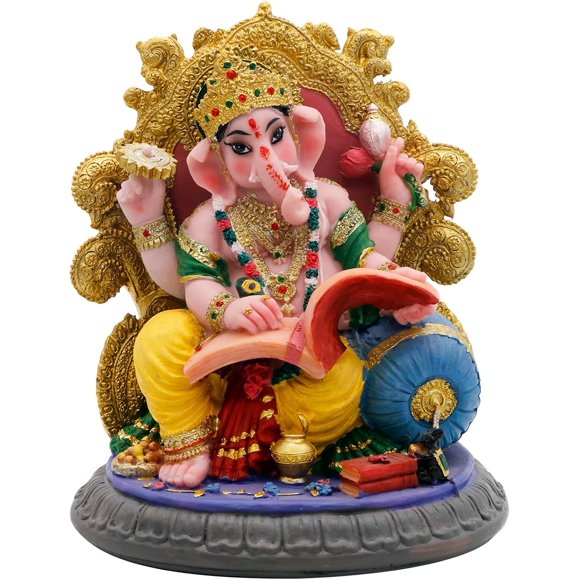 Statue d'Idole Ganesha Dieu Indien - Statue Ganesh 5.4”H Assis sur le Trône Murti India Ganapati Pooja Article Maison Bureau Temple Mandir Temple Autel Diwali Puja Décor Cadeaux Idéaux pour Ami Indien