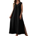 thumbnail image 2 of ClodeEU Women's V Neck Sleeveless Maxi Dress with Side Split,Casual Loose Summer Flowy Tank Dress Black,Women's Plus L, 2 of 7