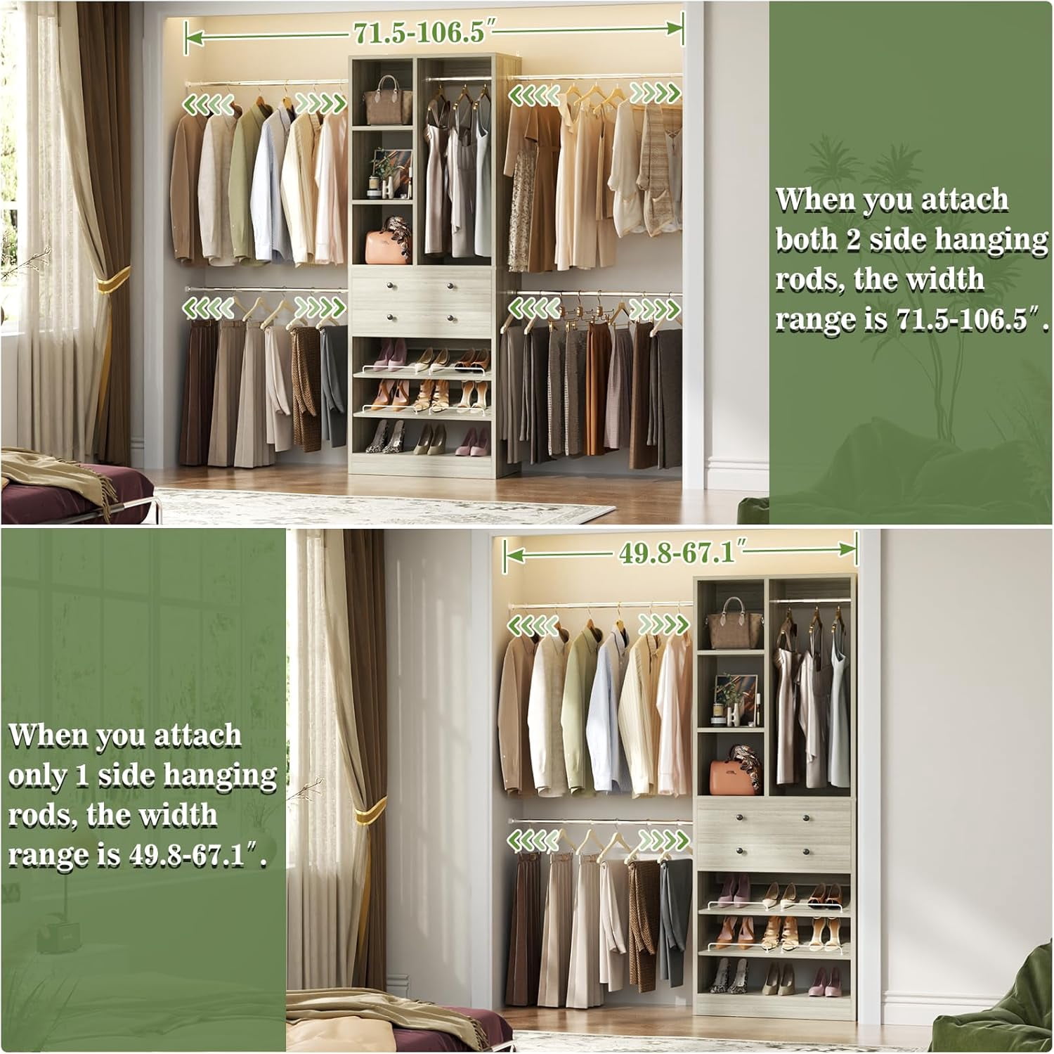 Homieasy Closet System, 2.4–8.8 FT Closet Organizer System with 2 Drawers, 5 Hanging Rods and Shoe Racks for Walk-in Closet, Bedroom, White Oak