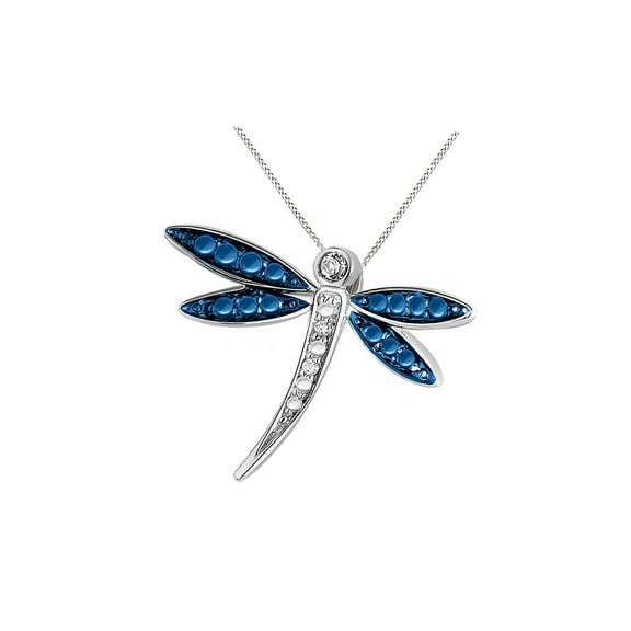 AFFY White & Blue Natural Diamond Dragonfly Pendant Necklace 14k White Gold over Silver