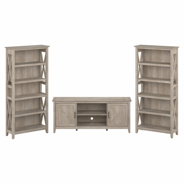 Key West TV Stand for 70 Inch TV w/ Bookcases in Washed Gray - Engineered Wood