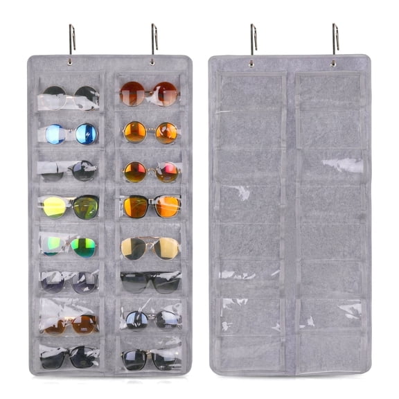 Wall Hanging Eyewear Organizer, 16 Slots Felt Sunglasses Storage with Metal Hooks and Rope, Dustproof Holder, Gray
