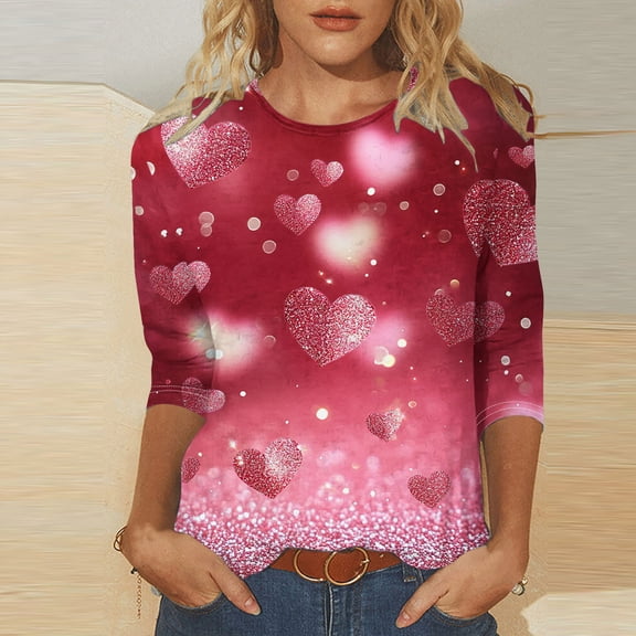 VKOYWKM Valentines Day T Shirts for Women 3/4 Sleeve T-Shirts Love Heart Graphic Tees Valentine Round Neck Loose Fit Three Quarter Length Blouse