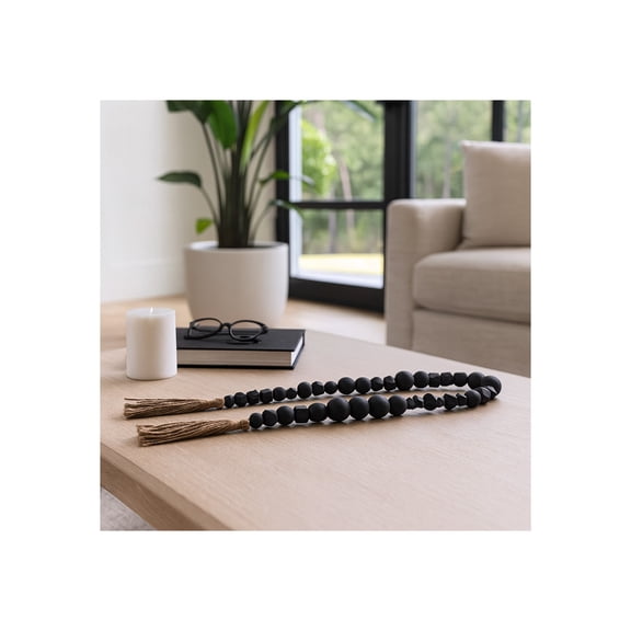 Home and Office Ornament for Bathroom Decor - Bohemian Wooden Beads with Tassels and Mixed Shapes - Decorative Garland Ideal for Living Room, Bedroom, Coffee Table, or Shelf Decor - 2" Black & Brown