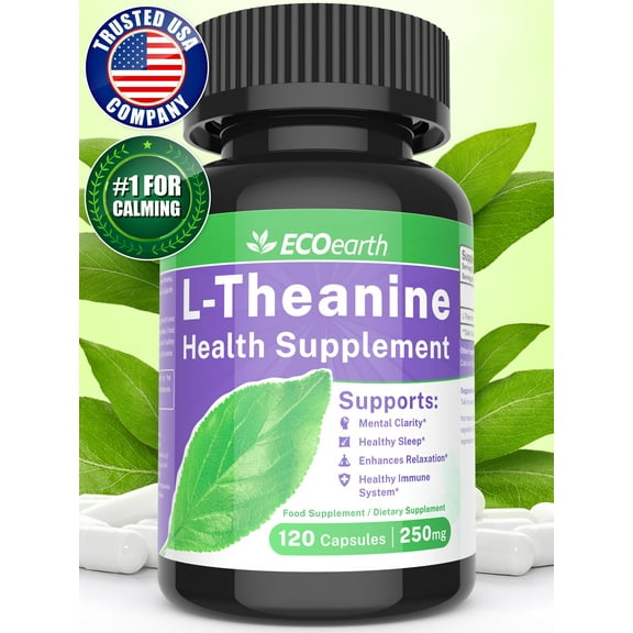 L-Theanine 250 mg 120 Capsules, Supplement Support for Anxiety, Focus, Sleep by EcoEarth