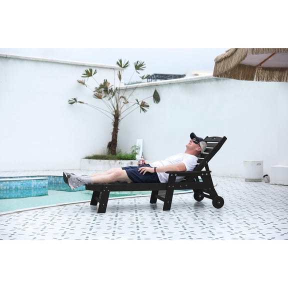 Outdoor Lounge Chair with 5-Position Backrest, Wheels & Cup Holder for Pool/Deck/Poolside | Black | HDPE