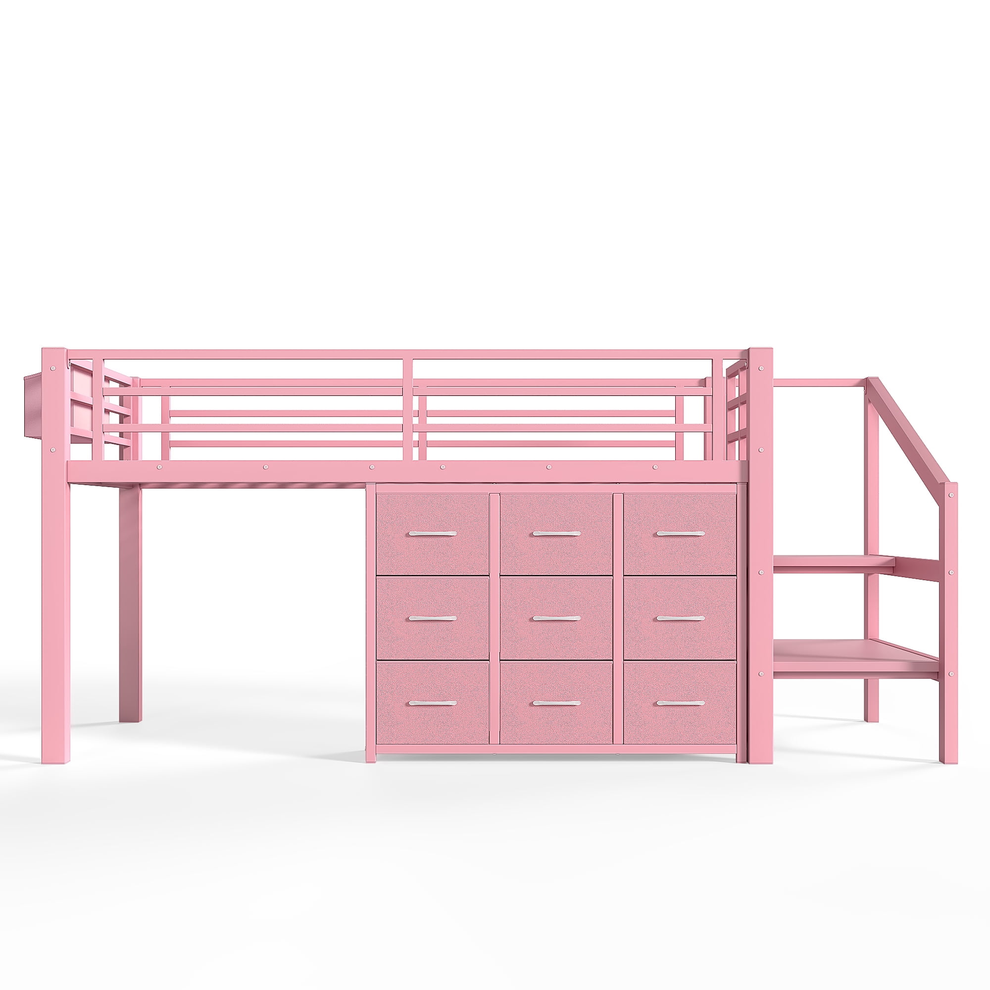 Leumius Twin Size Loft Bed with Storage Drawers and Stairs,Metal Loft Bed with Lights and Ample Under-bed Spaces,Multi-Storage Spaces,Pink