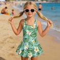 thumbnail image 3 of DISNIMO Girls Swimsuit Palm Tree Print Girls One Piece Bathing Suit with Skirt Monstera Plumeria Print Sleeveless Hawaiian Swimwear, 3 of 8