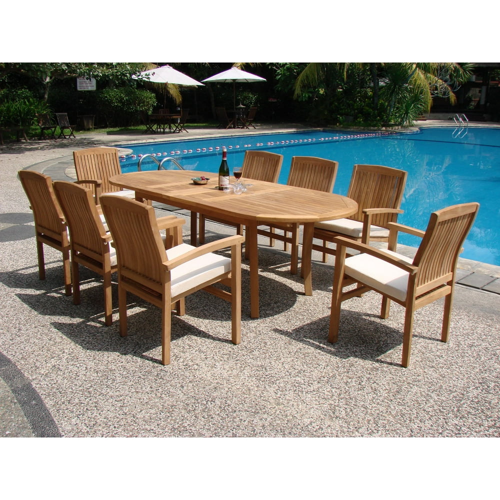 Teak Dining Set8 Seater 9 Pc 94" Oval Table And 8 Wave Stacking Arm