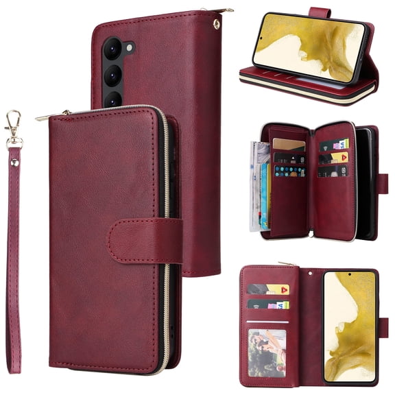 Allytechgroup for Samsung Galaxy A26 5G Wallet Case with 9 Card Slots & Zipper Pouch for Women Men, Magnetic Closure Kickstand Durable PU Leather Wristlet Strap Folio Flip Luxury Cover, Winered