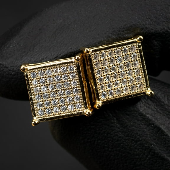 Square Flat Screen Micro Pave Hip Hop 10mm Yellow Gold 925 Sterling Silver Men's Screw Back Stud Earrings