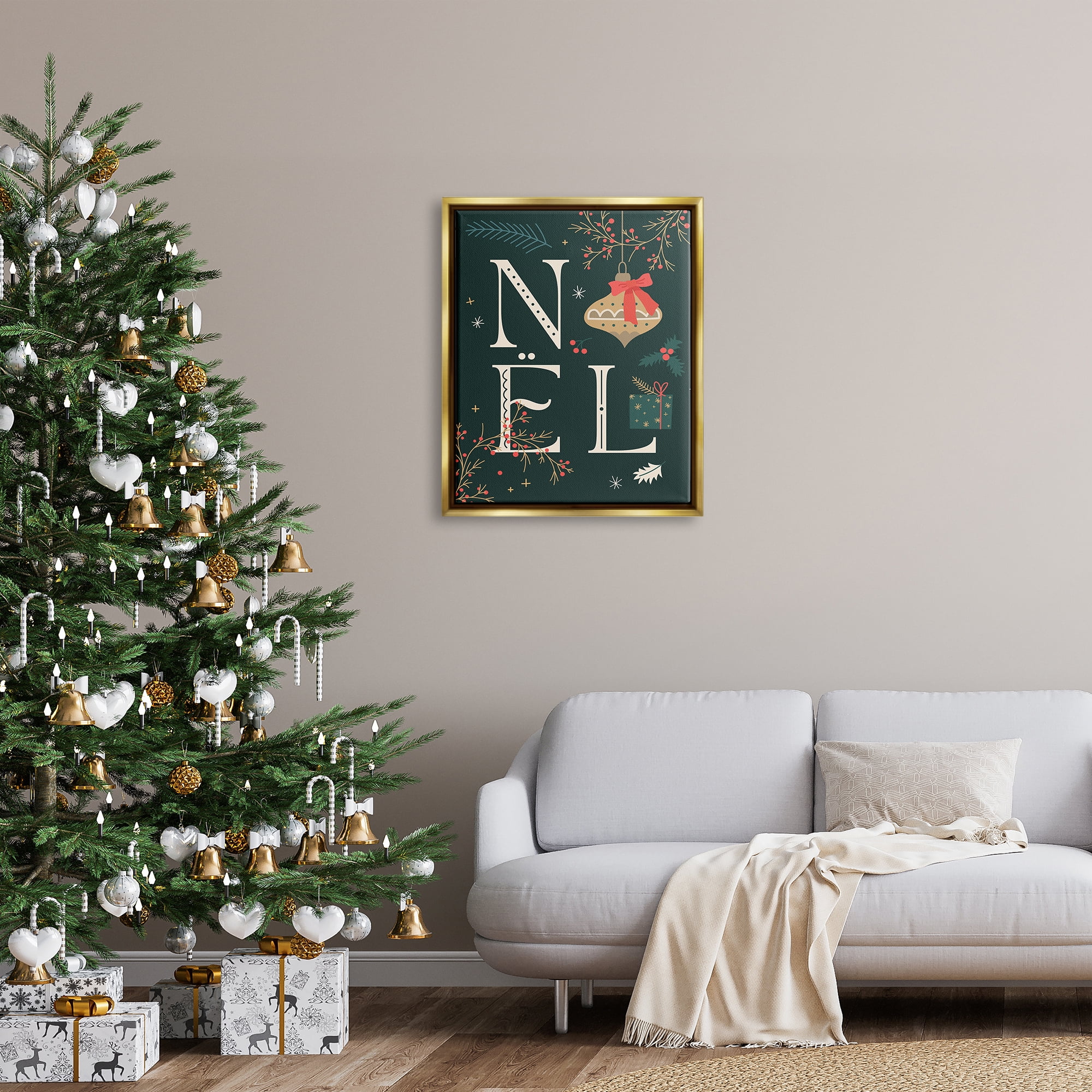 Stupell Industries Noel with Holiday Ornament Holiday Painting Gold Floater Framed Canvas Art Print Wall Art, 25 x 31