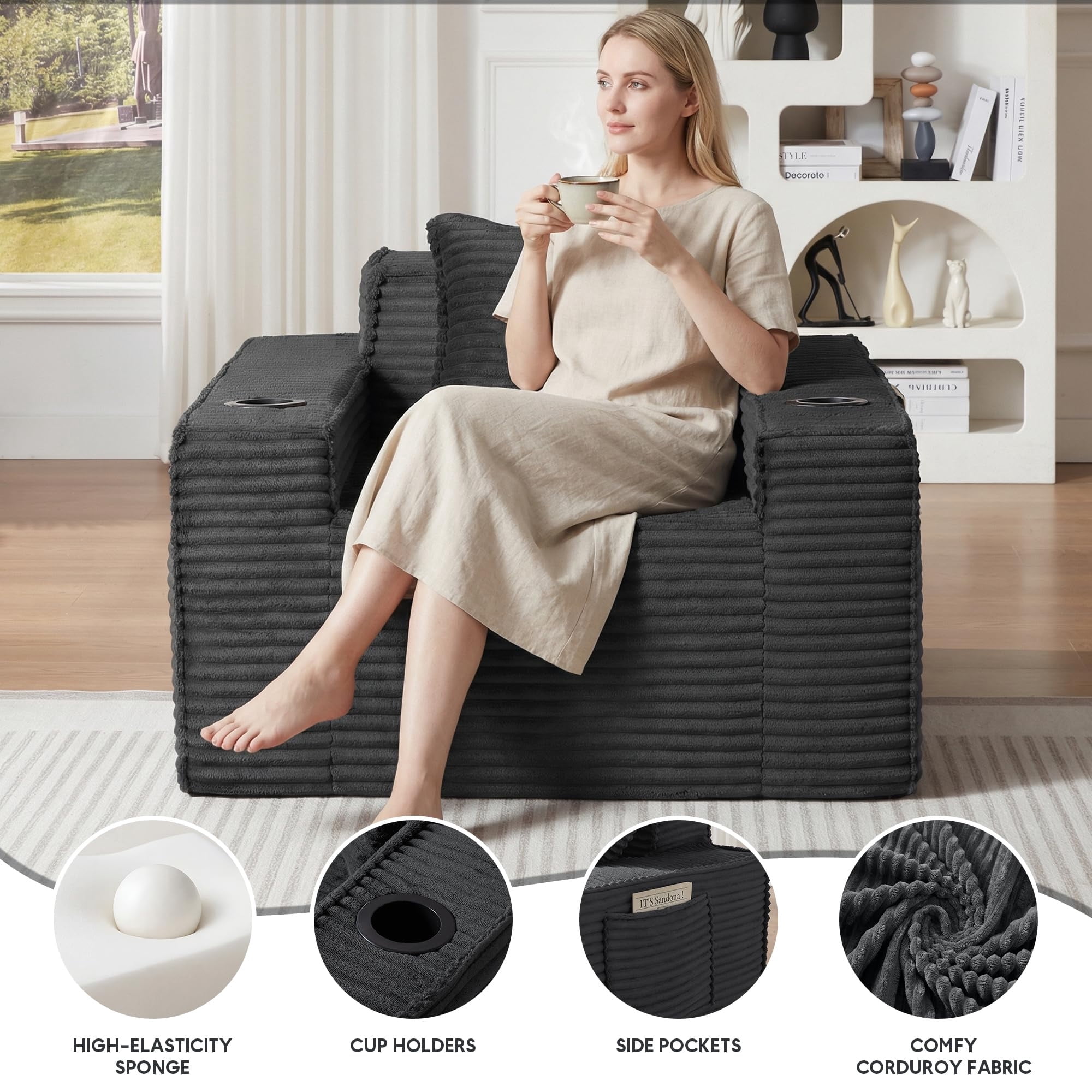 Aukfa 3 Piece Boneless Couch Set, Cloud Sofa Armchair w/ 2 Cup Holders&Storage Pockets for Living Room, Corduroy, Gray