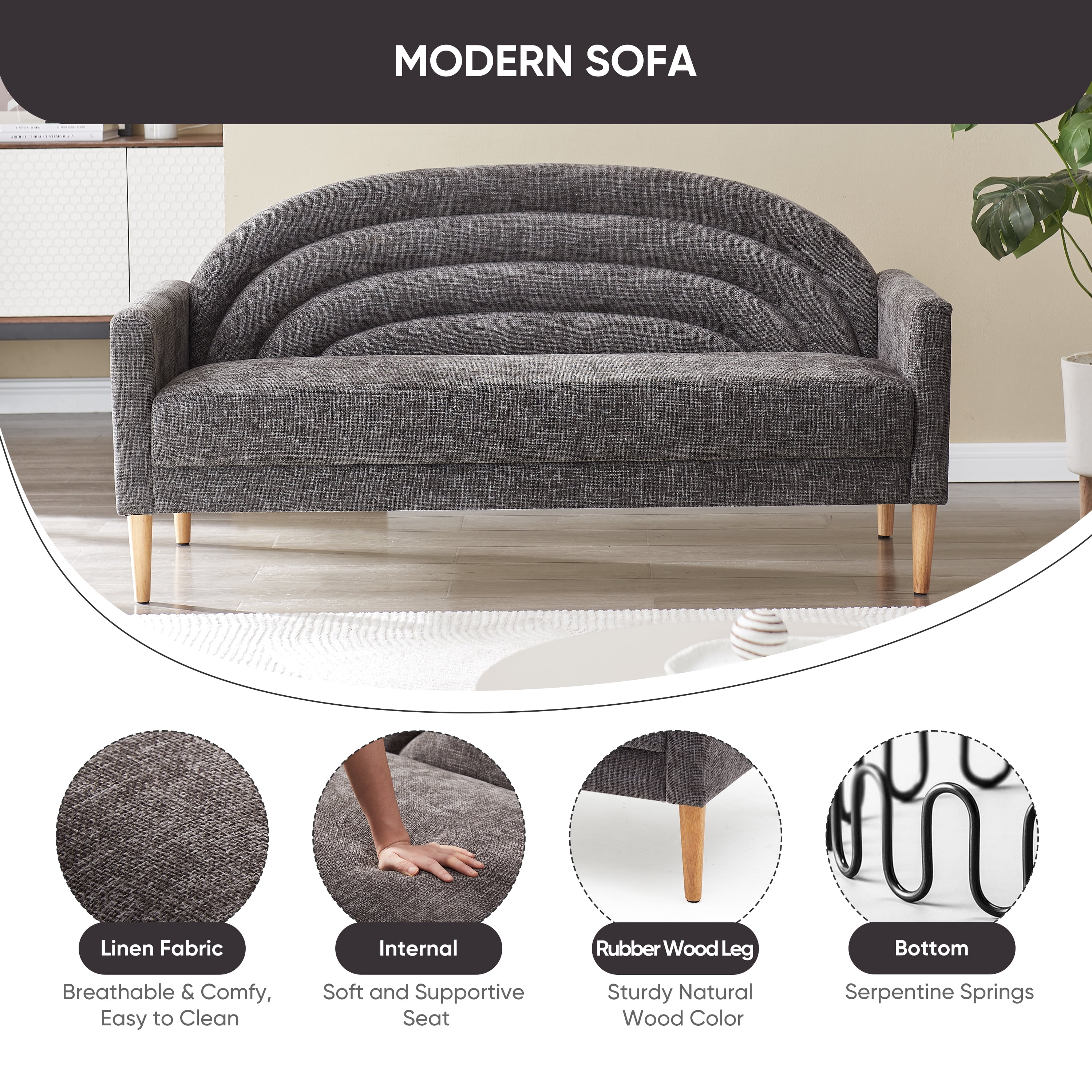 65" W Three-seater sofa Modern Trending and Youthful Rainbow Design Upholstered Fabric Sofa Decor Furniture for Living Room, Bedroom, Office GREY
