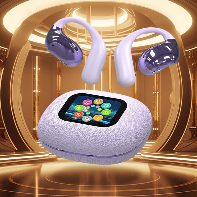 Auriculares Bluetooth con pantalla táctil de color completo, abiertos, con textura de cuero, púrpura