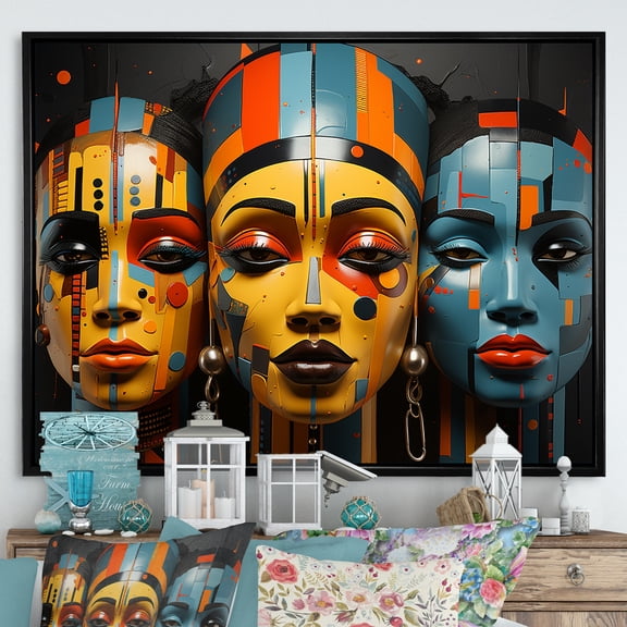 Designart "Minimalist Depiction Of African Tribal Women III" African Tribes Floater Framed Wall Decor