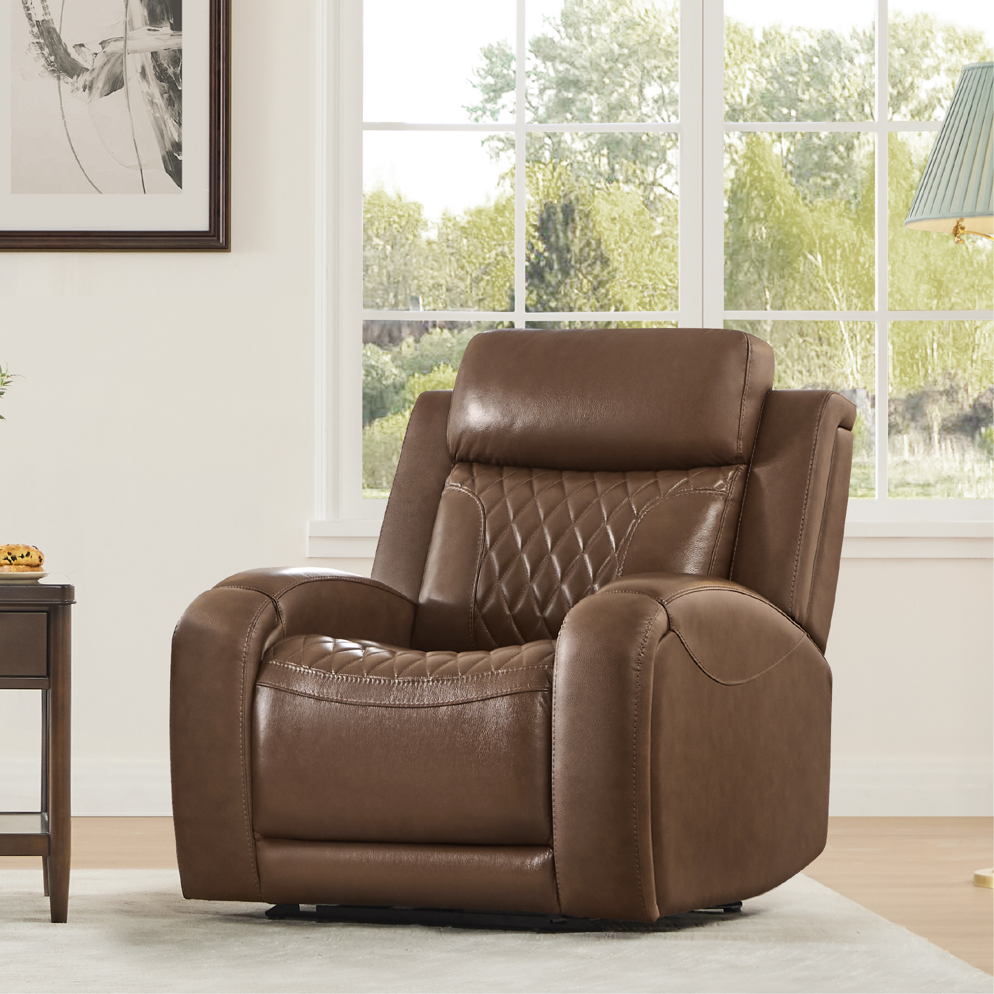 Spruce & Spring Leather Dual-Motor Lay Flat Recliner with Diamond Quilting, Cafe