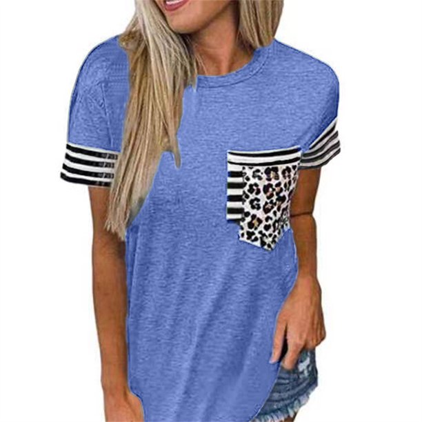 Camiseta de manga corta para mujer, Tops con bolsillo para mujer, camiseta con costuras de rayas de leopardo, Camiseta holgada informal para mujer, ropa 2022