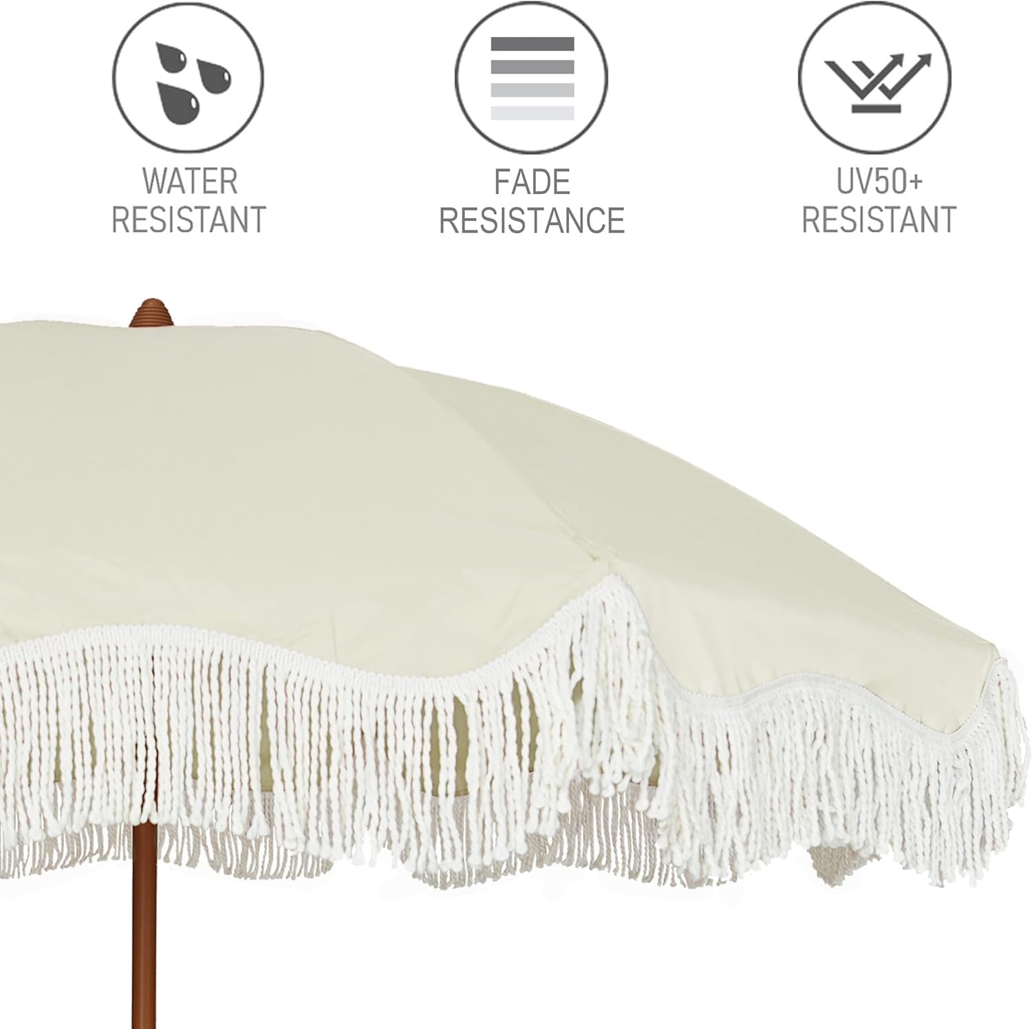 6.5ft Boho Outdoor Umbrella with Fringe, UPF 50+ Picnic Umbrella with Tassels, Premium Steel Pole and Push Button Tilt, Light Beige