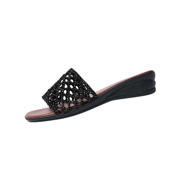 Black Women Fashion Spring Summer Slippers Featuring Solid Color Woven Hollow Breathable Round Toe Open Toe Thick Bottom Wedge Heel