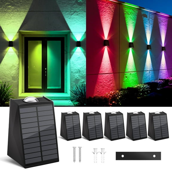 6 Pack RGB Solar Wall Lights Outdoor Waterproof Up and Down Color Changing LED Sconce Lamp for Fence, House, Patio, Porch, Yard, Garden, Garage, Easy to Install for Security and Decorative Lighting