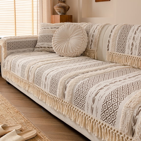 XmhyTop-A Cotton Linen Sofa Cover 70x70cm Tufted Tassel Throw Blanket, Non Slip Couch Protector, Dog Proof Furniture Cover,C06