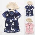 thumbnail image 4 of Odeerbi Toddler Girls 2 Piece Pajamas Set Cartoon Satin Sleepwear Fashion Casual Short Sleeve Tops Turndown Neck Collar Botton Printed Shorts Sets Dark Blue, 4 of 4