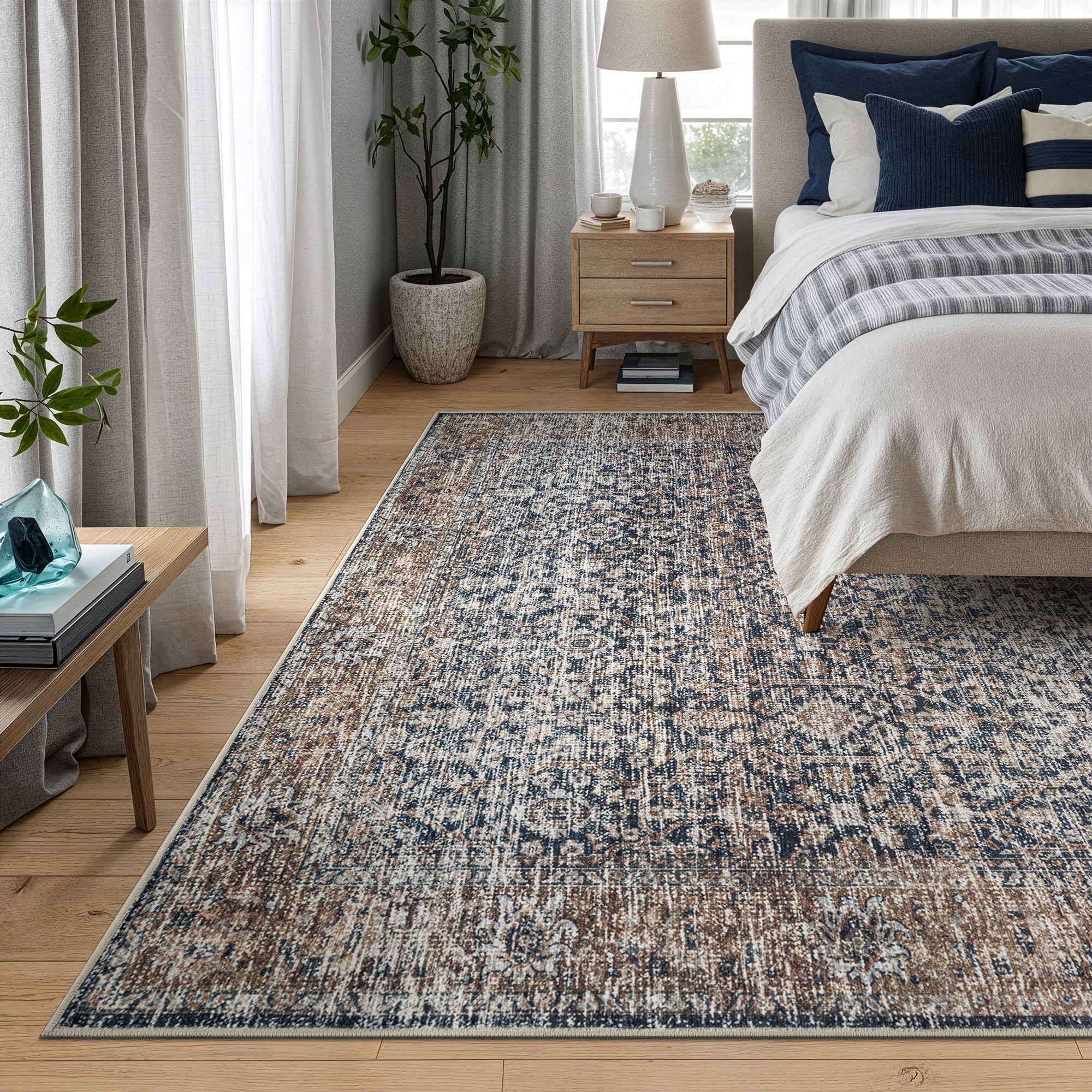 Bloom Rugs Washable Non-Slip 10x14 Rug - Dark Blue / Tan Traditional Oriental Area Rug for Living Room, Bedroom, Dining Room, and Kitchen - Exact size: 10' x 14'