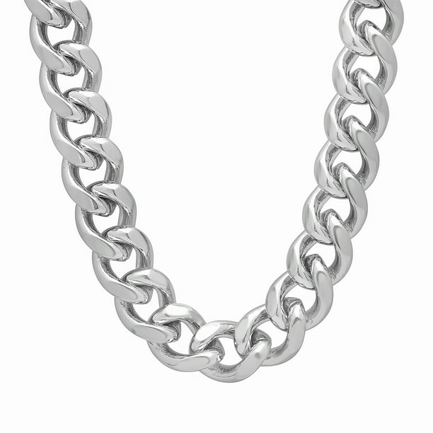 The Bling Factory - 14mm Rhodium Plated Flat Cuban Link Curb Chain ...