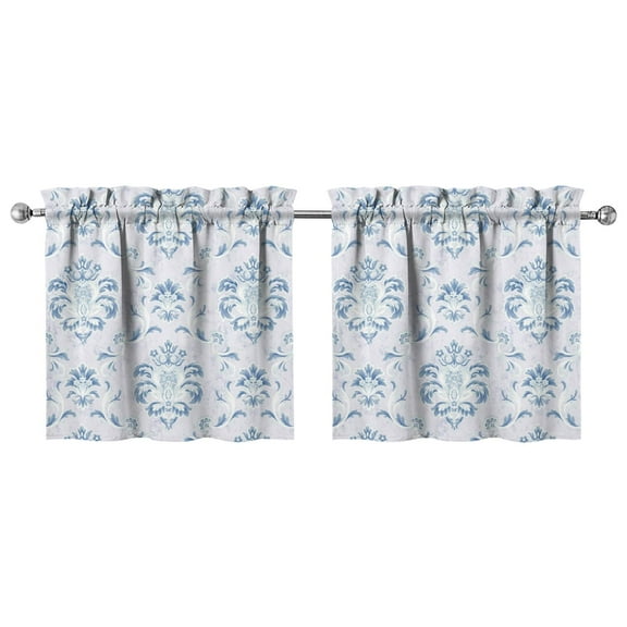 Kitchen Window Curtains over Sink Blue Grey Baroque Small Window Treatment White Cafe Short Curtains for Bathroom Tier Drapes 27.5x24inch
